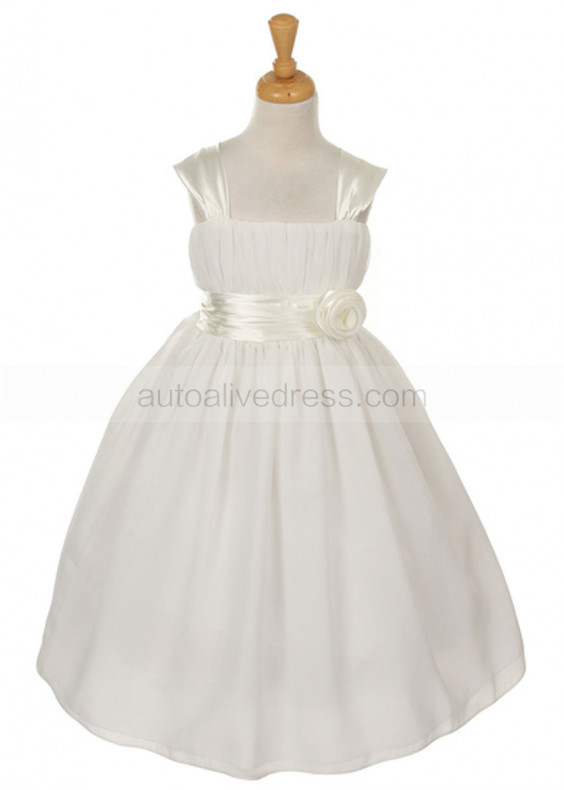 Pleated Chiffon Tea Length Flower Girl Dress With Flower Sash